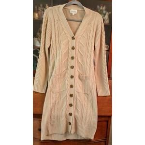 Olive and Oak Cable Knit Duster Cardigan Sweater Midi Soft Cozy Beige Pockets XL